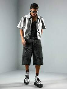 ROMWE MEN Street Life 男士PU亮银色拉链口袋休闲短袖衬衫 - 銀色 - 查看 3