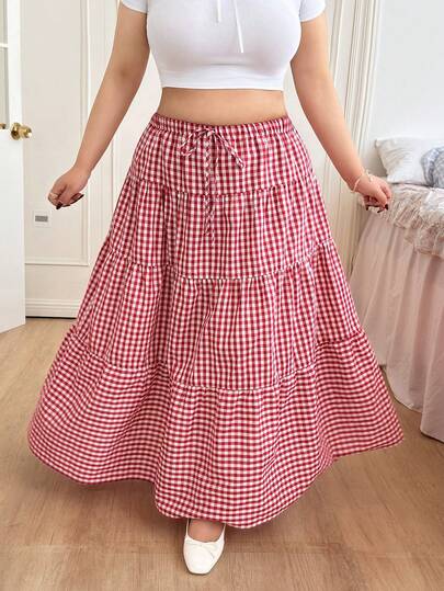 Comfortcana 2025 Autumn/Winter New Vintage Maillard Color Plaid Ruched Flared Skirt, Versatile For Casual Outings, Parties, Dates, Plus Size