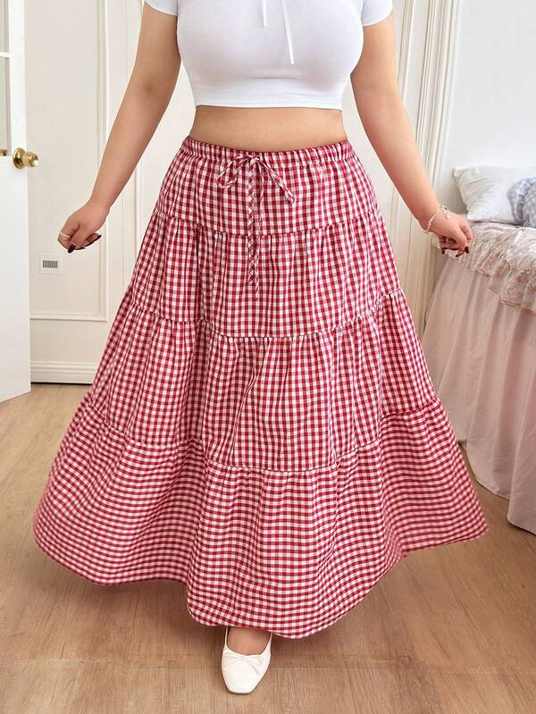 CovetEZ 2025 Autumn/Winter New Vintage Maillard Color Plaid Ruched Flared Skirt, Versatile For Casual Outings, Parties, Dates, Plus Size Long Summer Skirt Gingham Skirt Country Skirt Checkered Skirt Cotton Skirt