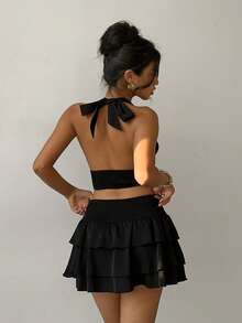 Aloruh Women's Rivet Decor Halter Backless Top And Mini Skirt 2 Pieces Set - Black - View 3