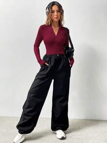 Flirla 1pc Front Zipper Fitted Long Sleeve Bodysuit - Burgundy - View 7