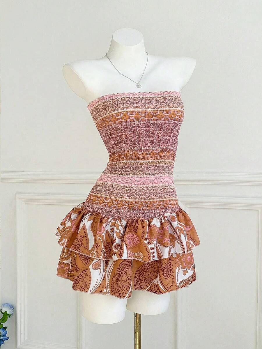 Elamini Women's Floral Print Ruffle Hem Strapless Mini Dress, Vacation Style - Multicolor - View 1