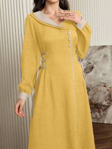 Modelyn Contrast Color Trim Drawstring Waist Slim Strap Elegant Dress - Yellow - View 4