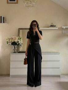 Modelyn Bộ đồ nữ thanh lịch công sở gồm áo tay ngắn và quần ống rộng đính kim loại, thích hợp cho mùa hè. - màu đen - Xem 1