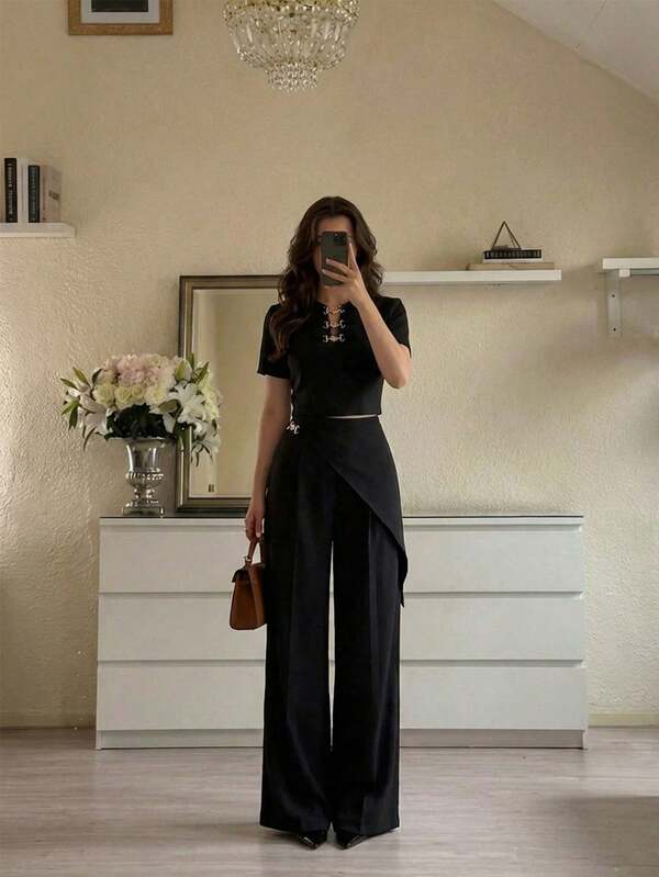 Modelyn 女士优雅通勤金属装饰短袖上衣和阔腿裤两件套，夏季
