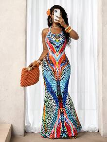 SHEIN BamGlam Women's Positioning Print Sexy Vacation Dress - Multicolor - View 5