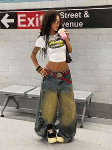 StreetHx 女士夏季露脐短袖T恤，朋克摇滚Y2K嘴唇印花露脐短袖白色婴儿T恤 - 白色 - 查看 2