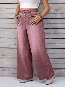 EMERY ROSE Plus Size Women Casual Vacation Daily Commute Fashion Street Button Fly Washed Loose Wide Leg Jeans - Dusty Pink - View 9