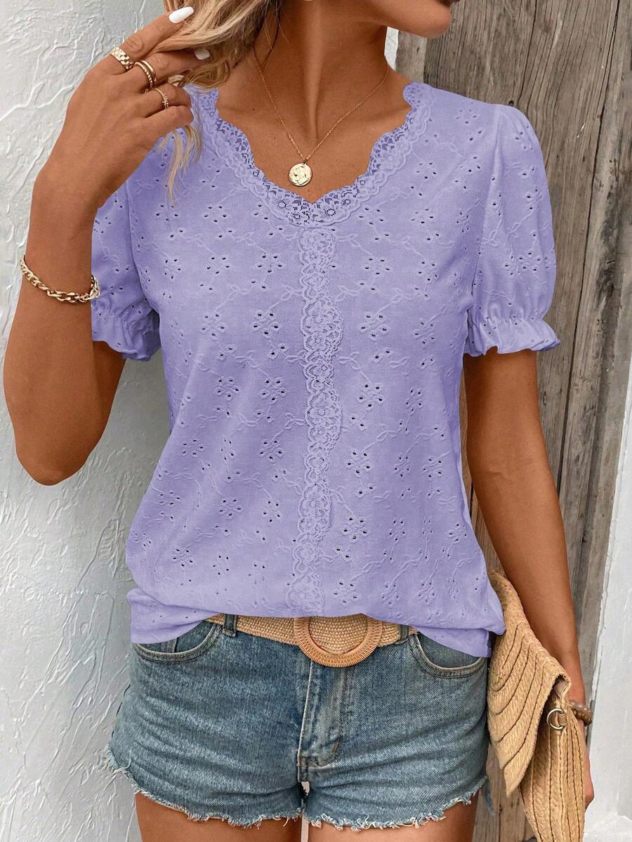 EMERY ROSE Summer Casual Solid Color Textured Lace Trim T-Shirt - Purple - View 1