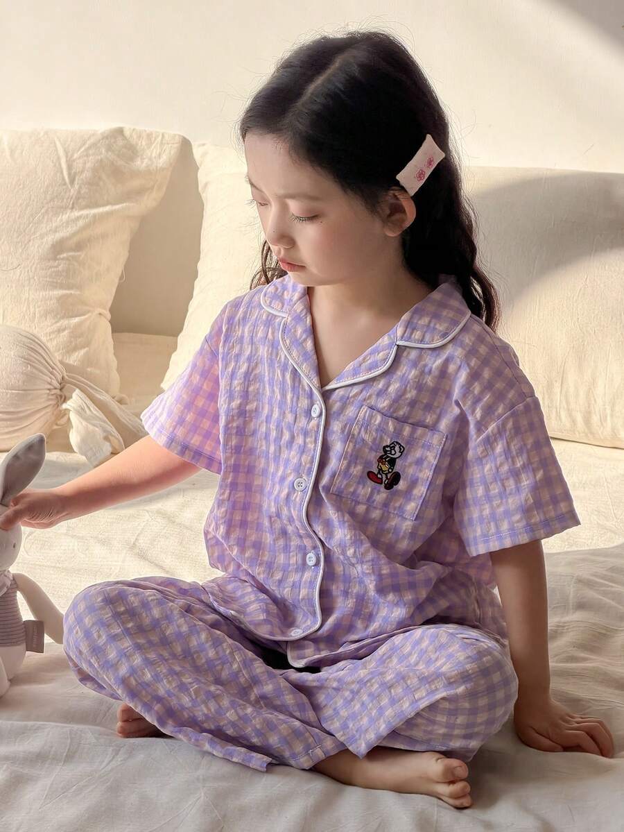 Dazy Kids 女童格子短袖睡裤套装，春夏款 - 紫色 - 查看 1