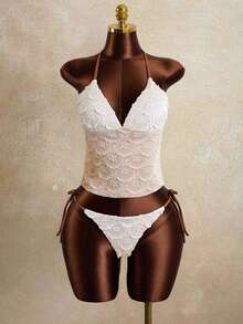 Zestiva Swim Mod 2-Piece Textured Solid Spaghetti Strap Tankini Top And Side Tie Swim Bottoms Sexy Spaghetti Strap Bikini Set - White - View 1