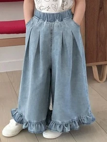 DAZY Young Girl Elastic Waist Pocket Pleated Ruffle Hem Casual Versatile Daily Wear Wide Leg Jeans - Blue - View 1