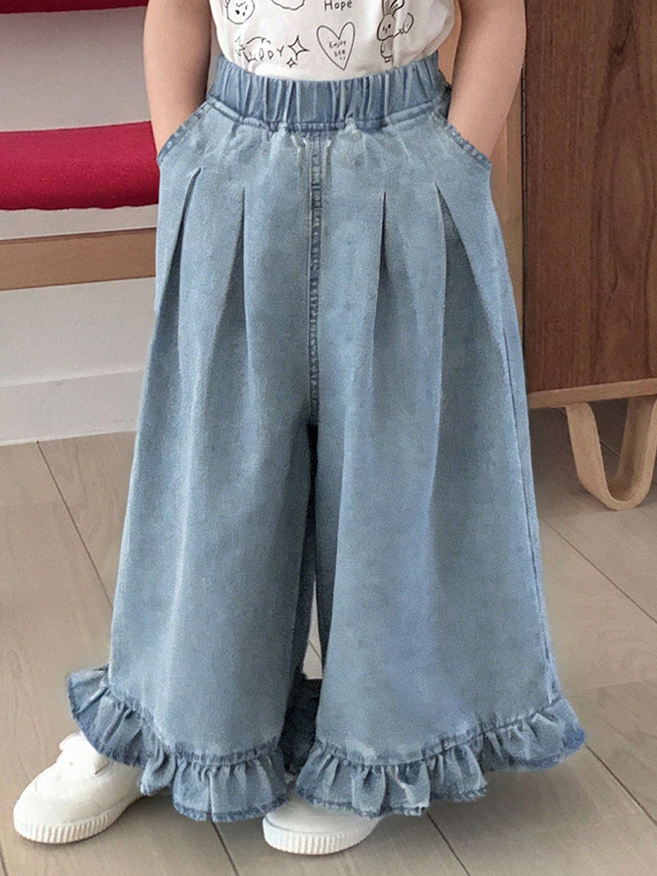 DAZY Young Girl Elastic Waist Pocket Pleated Ruffle Hem Casual Versatile Daily Wear Wide Leg Jeans - Blue - View 1