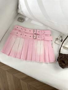 Elamini Y2K 时尚休闲铆钉腰带低腰牛仔百褶裙 - 粉色 - 查看 1