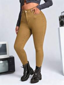 SHEIN ICON 大码女式休闲纯色高腰紧身牛仔裤 - 黃色 - 查看 1