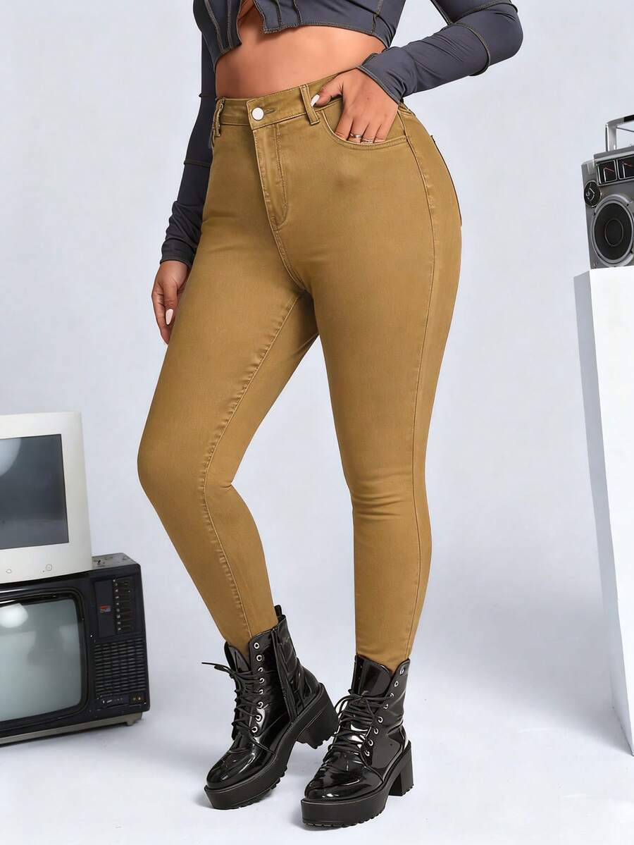 SHEIN ICON 大码女式休闲纯色高腰紧身牛仔裤 - 黃色 - 查看 1