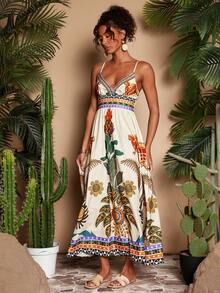 Travachic 热带印花露背吊带连衣裙，度假休闲风，梭织印花，女士休闲夏季度假装，波西米亚海滩度假装，波西米亚时尚，乡村音乐会装，节日庆典装，女士海滩装，女士夏季装，复古风格女士装，毕业装，夏季连衣裙，女士生日礼服，波西米亚风服饰 - 彩色 - 查看 3