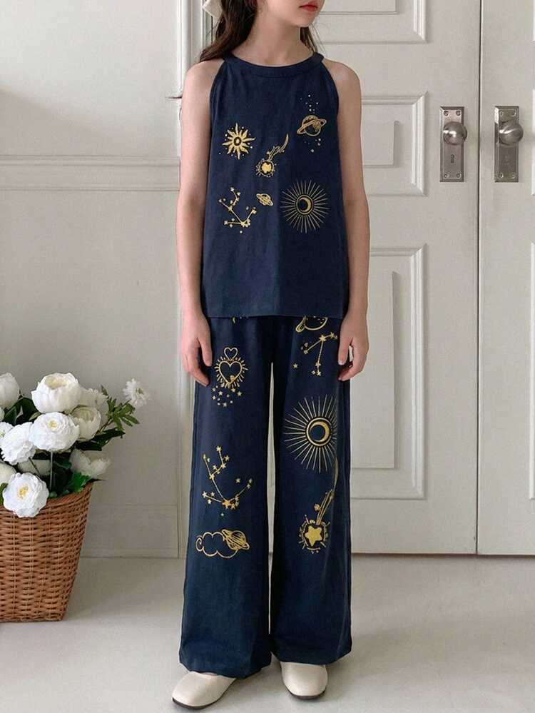 Tween Girl Sun & Planet Print Halter Top And Wide Leg Pants Casual Outfit