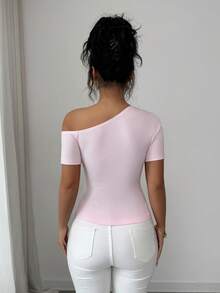 Elenzga 舒适针织单肩系带优雅休闲时尚收腰短袖女式T恤 - 粉色 - 查看 2