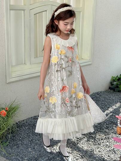 DAZY Tween Girl Floral Embroidery & Sequin Patchwork Round Neck Party Dress