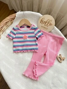 SHEIN 女婴可爱夏季休闲百搭针织彩色条纹短袖上衣和松紧腰裤套装 - 粉色 - 查看 6