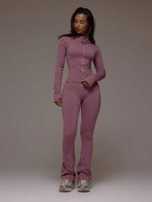 Musera Sport Zip Active BBL 夹克搭配喇叭褶皱臀部紧身裤套装 运动健身健身房普拉提日常休闲烟晶色 - 淡紫色 - 查看 5