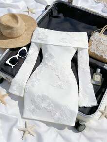 SHEIN Franclia 优雅纯色花卉刺绣露肩长袖迷你连衣裙 - 白色 - 查看 1