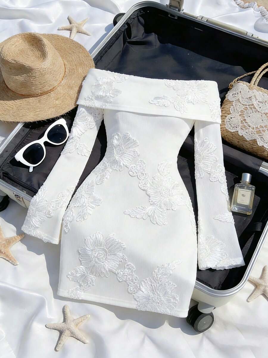 SHEIN Franclia 优雅纯色花卉刺绣露肩长袖迷你连衣裙 - 白色 - 查看 1