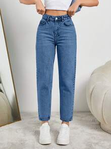 EURMUSE HIGH RISE MOM FIT LIGHT BLUE JEAN PETITE - Medium Wash - View 6