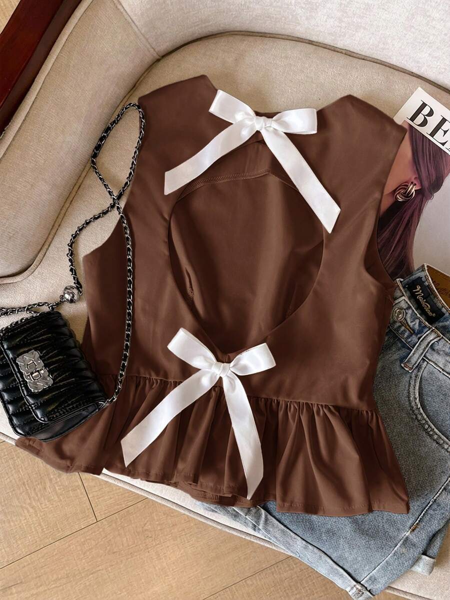 SHEIN Frenchy 女士纯色圆领荷叶边下摆休闲背心 - 棕色 - 查看 1