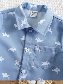 SHEIN Bộ 2 món cho bé trai, gồm áo cardigan tay ngắn cổ bẻ họa tiết ngựa và quần short cạp chun. - Nhiều màu - Xem 12