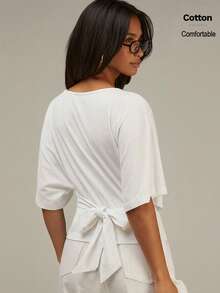 Athîral Blusa casual de mujer de unicolor con cuello redondo, mangas tipo murciélago y detalle de nudo en la espalda - Blanco - Ver 6