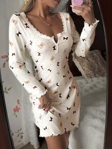 CottageSlumber Women's Floral Trim Square Neck Polka Dot & Bear Print Knit Long Sleeve Nightgown - Multicolor - View 4