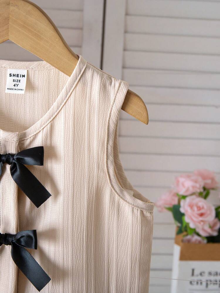 女童撞色蝴蝶结装饰无袖衬衫 - 杏色 - 查看 4