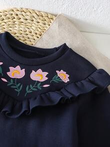 SHEIN Setelan 2pcs untuk Anak Perempuan & Remaja Perempuan: Atasan Sweatshirt Bordir Ruffle + Celana, Pakaian Sekolah Musim Gugur/Dingin untuk Aktivitas Sehari-hari - Biru - View 4