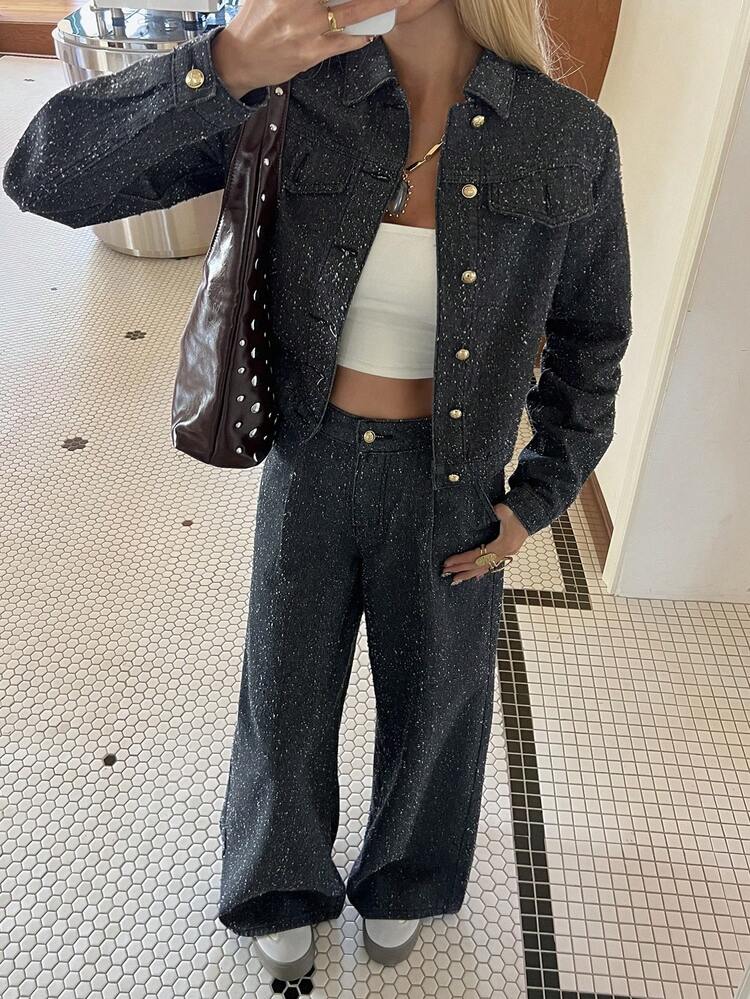 Women's Black Street Casual Denim 2 Pieces Set