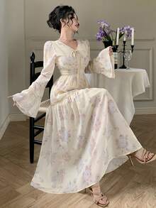 DAZY Đầm hoa nhí mùa xuân/hè, thanh lịch, phù hợp cho đám cưới, tiệc tùng, các dịp trang trọng, thiết kế thắt nơ ở eo. - Màu vàng - Xem 3