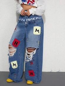 ROMWE Street Life Spring/Summer Casual Graphic Y2K Casual Street Style Pocket Embroidery Design Dual Waistband Loose Fit Denim Jeans - Blue - View 6