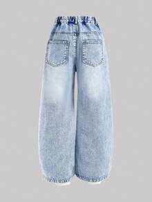 SHEIN Tween GirlsNew Fashion Distressed Snowflake Embroidered Wide-Leg Jeans - Blue - View 2