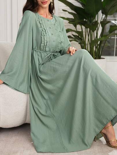 Lacomfia Women's Loose Elegant Ruffled Tie-Waist Green Linen Short Sleeve Dress