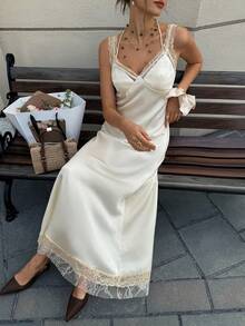 Cévolie Đầm slip nữ màu trắng phối ren, kiểu patchwork. - trắng - Xem 2