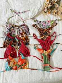 Elavelle Bộ bikini gợi cảm cổ yếm in họa tiết ngẫu nhiên dành cho nữ, trang phục đi biển mùa hè. - Nhiều màu - Xem 2