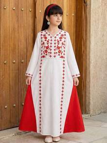 SHEIN Rochie preadolescentă cu imprimeu în blocuri de culori și mânecă lungă, linie A - roșu - Vizualizare 7