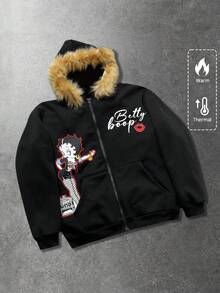 ROMWE MEN Betty Boop | ROMWE Spring Casual Graphic Men'S Street American Design Furry Collar Cartoon Cute Girl English Text Graphic Print Contrast Fuzzy Trim Hooded Sweatshirt - Black - View 1