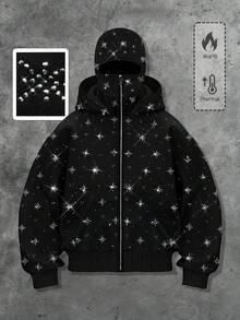 ROMWE MEN Street Life 男士水钻拉链卫衣，秋冬季长袖上衣 - 黑色 - 查看 1