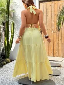 Sunnyshic 两件套纯色性感简约度假风露背宽松长裙套装，优雅 - 黃色 - 查看 2