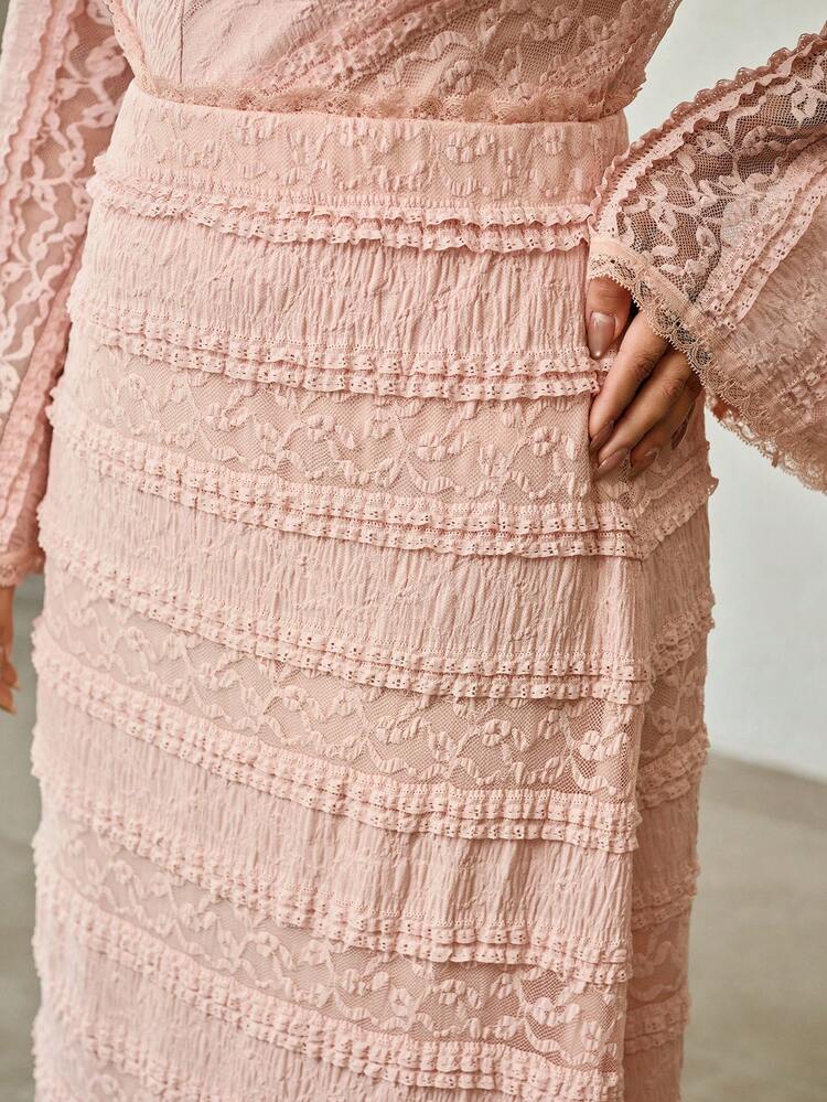 PLUS SIZE WOMEN ELEGANT CONTRAST LACE FRILL TRIM SLIMMING LONG SLEEVE SKIRT