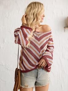 Florisole 咖啡棕色和橙色镂空撞色条纹时尚简约优雅休闲度假春夏喇叭袖女式短款长袖套头针织衫 - 咖啡棕 - 查看 1