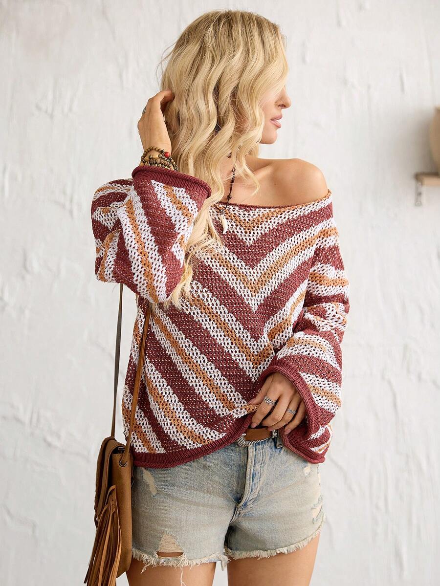 Florisole 咖啡棕色和橙色镂空撞色条纹时尚简约优雅休闲度假春夏喇叭袖女式短款长袖套头针织衫 - 咖啡棕 - 查看 1