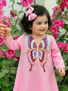 SHEIN Baby Girl Butterfly Embroidery V-Neck Long Sleeve Loose Dress - Pink - View 4